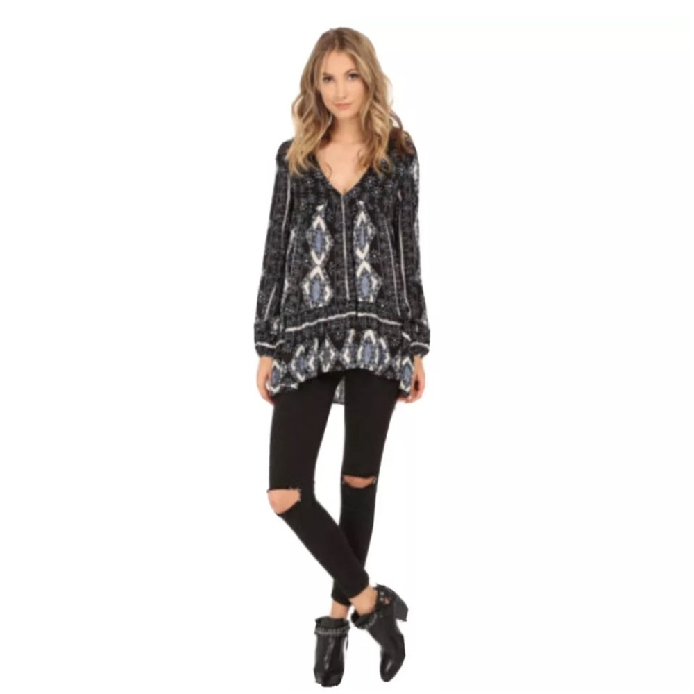 Free People Down by the Bay Boho Tunic Dress Sz Medium M Blue Black White